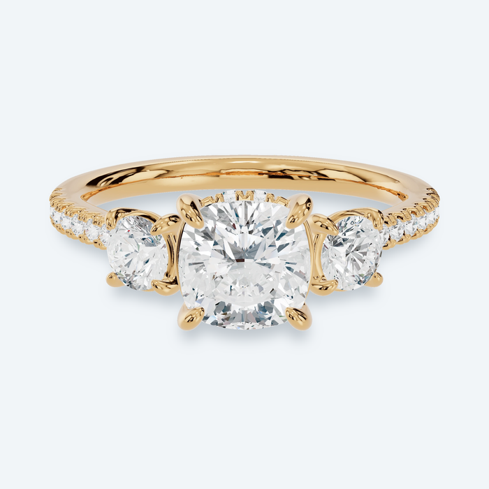 Cushion Lab Diamond 3 Stone Hidden Halo Pave Engagement Ring