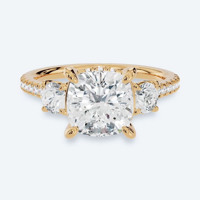 Cushion Lab Diamond 3 Stone Hidden Halo Pave Engagement Ring