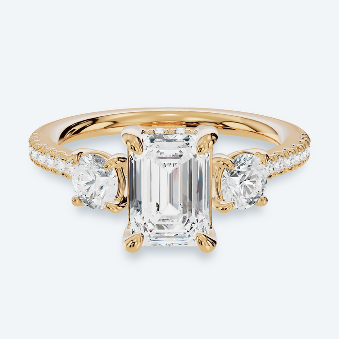 Emerald Lab Diamond 3 Stone Hidden Halo Pave Engagement Ring