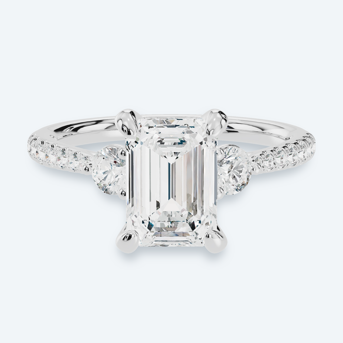 Emerald Lab Diamond 3 Stone Hidden Halo Pave Engagement Ring